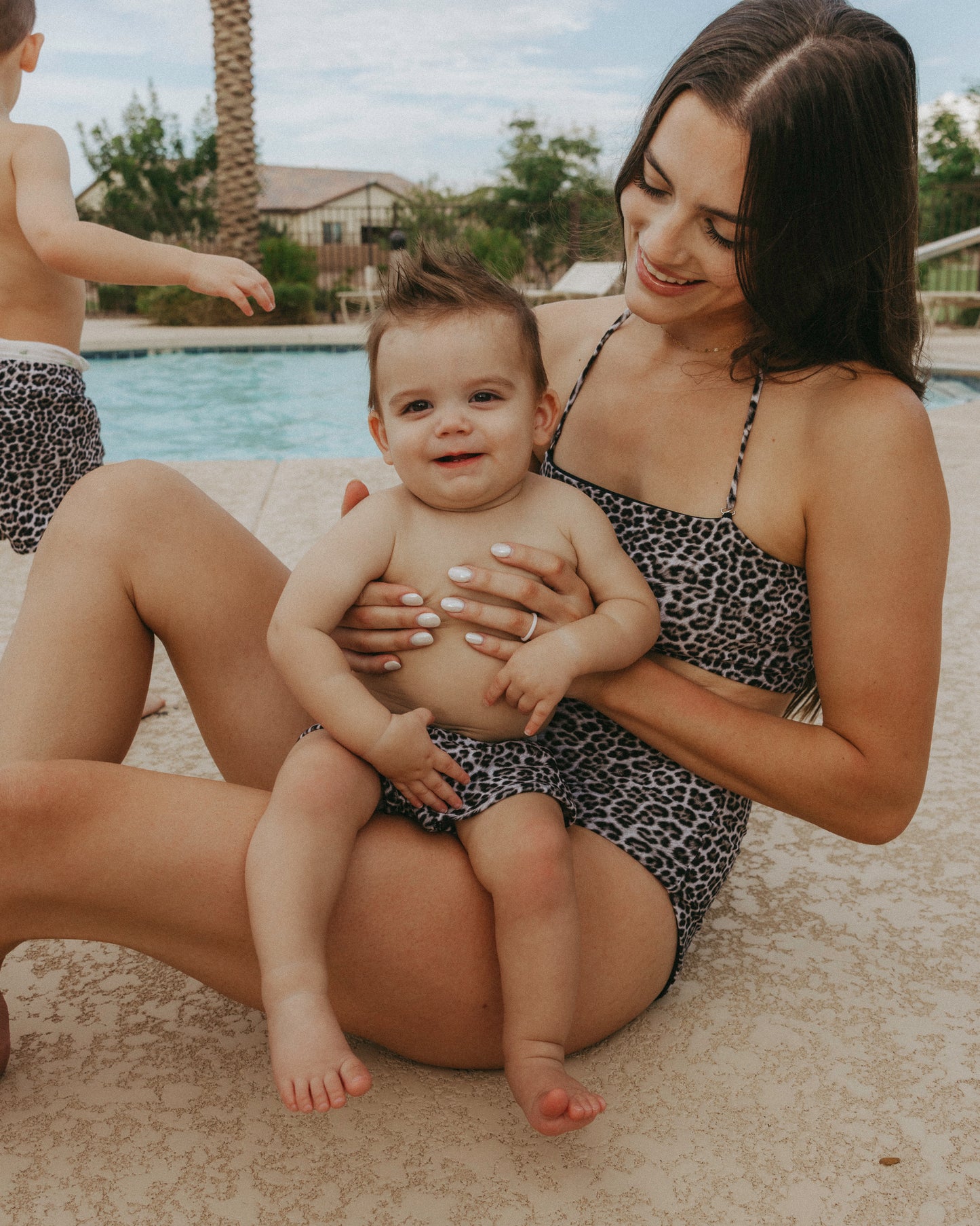 Matching swim trunk and bathing suit for mom and son